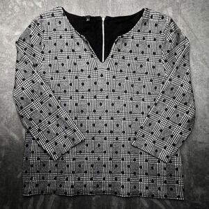 Talbots Womens XL Glen Plaid Polka Dot Knit Top Black White 3/4 Sleeve Half Zip